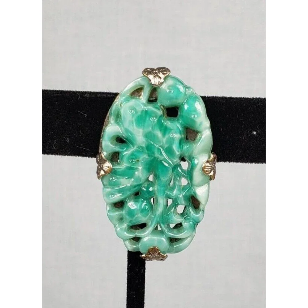 Vintage 1900 - 1920 Art Deco Carved Butterfly Jadeite Jade Silver Tone Brooch - Picture 5 of 14